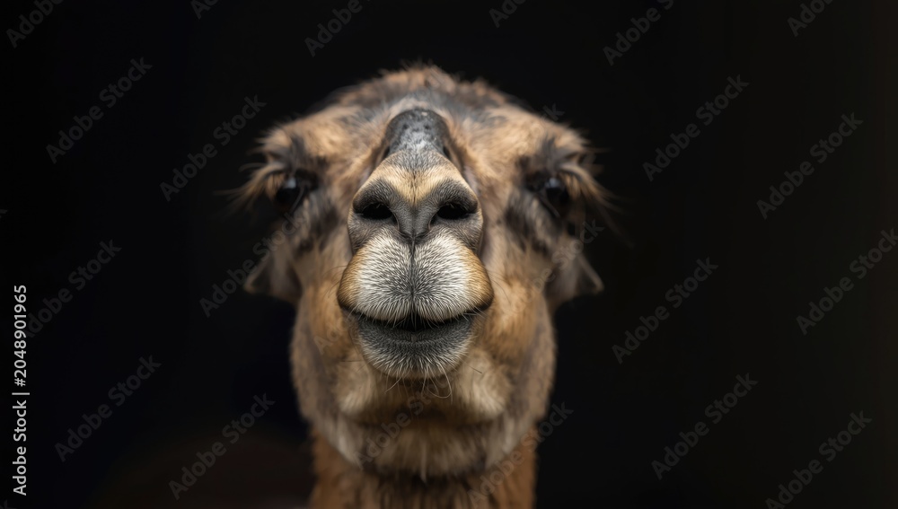 Fototapeta premium Unique wildlife close shot of camelid snout showing terrestrial animal features against dark backdrop