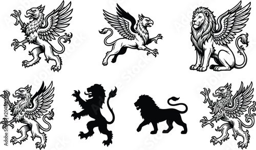 Obraz na płótnie Heraldic griffin and lion vector illustration set featuring mythological creatur