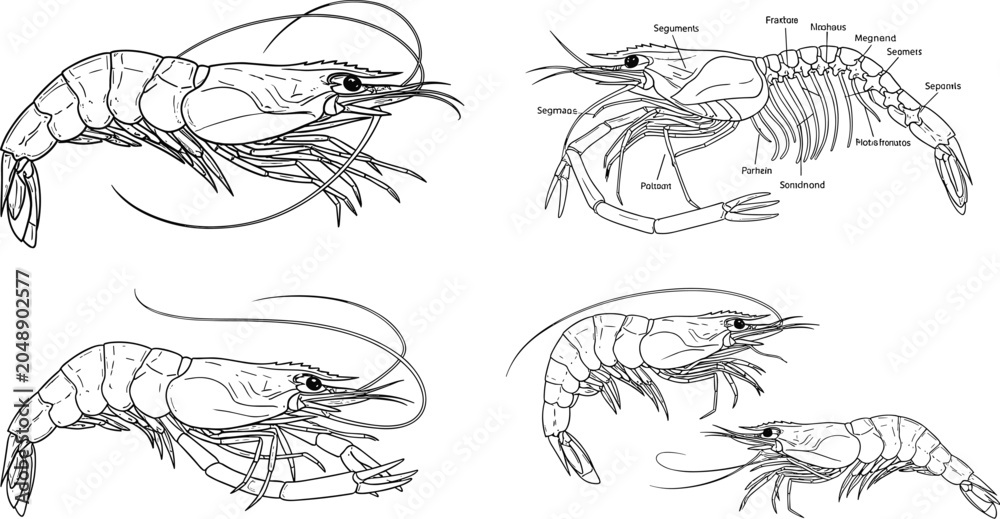 Fototapeta premium Shrimp line art vector diagram set with prawn anatomy infographic chart and detailed marine biological illustrations