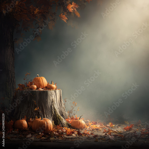 Autumn pumpkins arranged on tree stump with fallen leaf forest floor