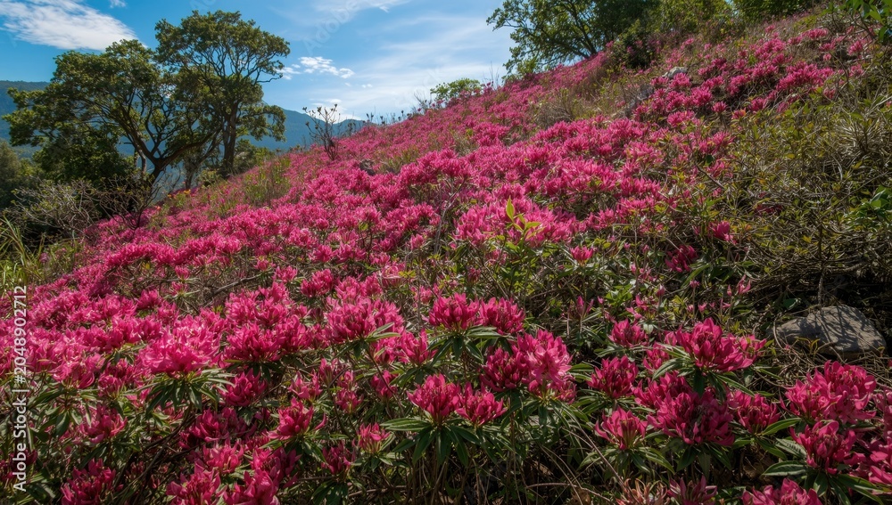 Naklejka premium Summer hillside abundant with vivid pink rhododendron flowers