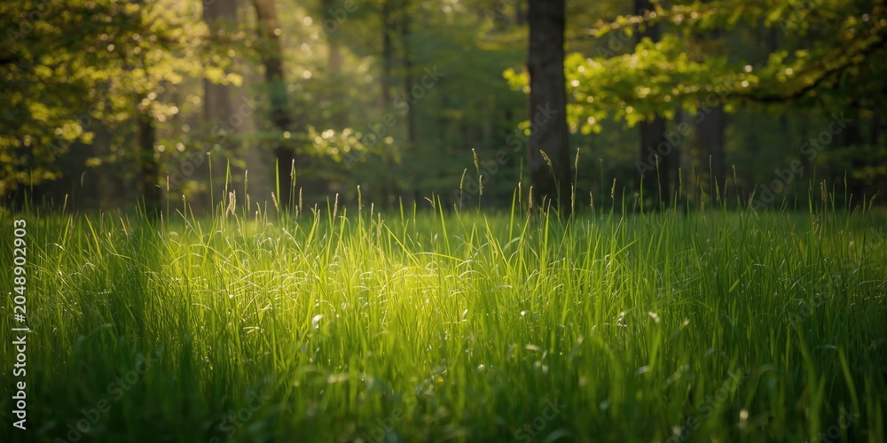 Fototapeta premium Sunlit forest with high green grass blades and fresh natural air