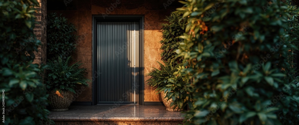 Fototapeta premium Stylish steel entry door on stone porch with rich green plants and ample copy space
