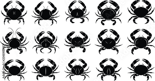Canvastavla Crab black silhouette icon set with various seafood species and crustaceans isol