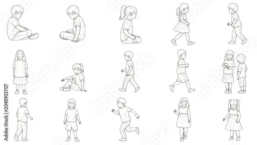 Children playing outside in 2D AutoCAD Vector illustrations