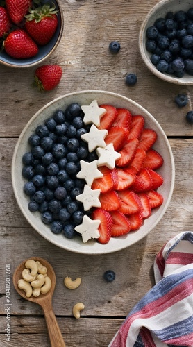Fresh fruit bowl arranged in American flag design with berries and cheese