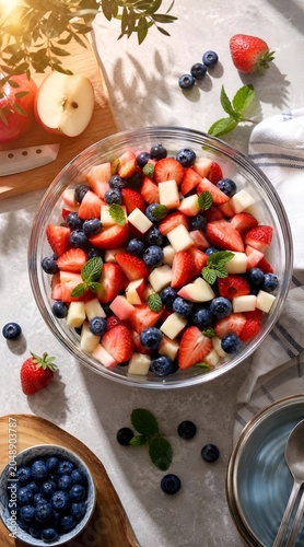 Fresh fruit salad with strawberries, blueberries, and apple in a glass bowl