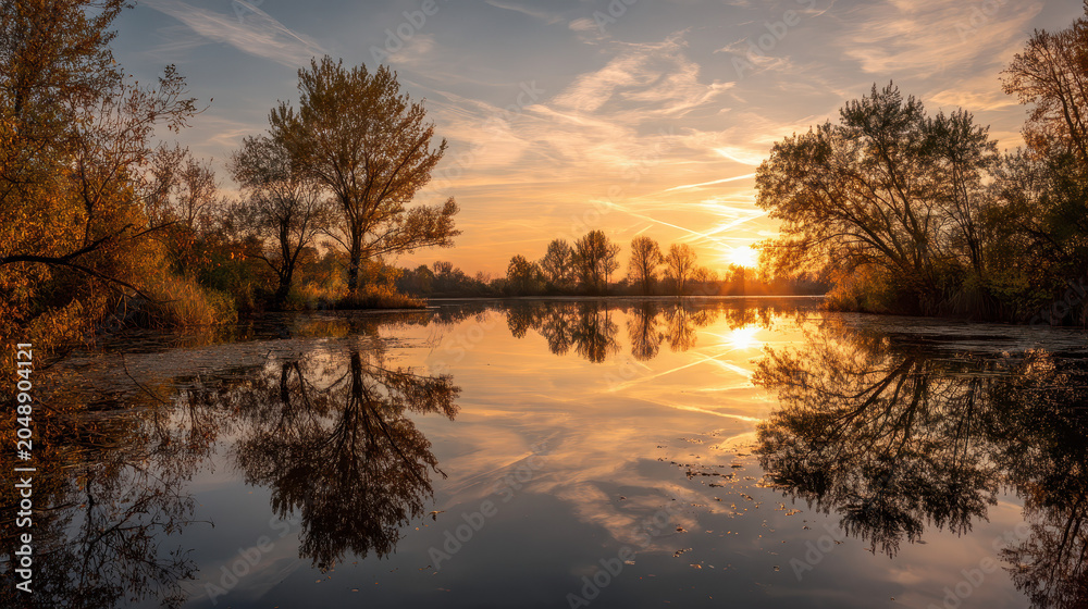 Obraz premium Tranquil sunset over calm river with tree reflection in autumn landscape