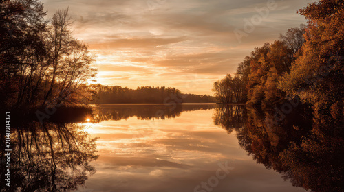 Tranquil autumn sunset over calm river surrounded by forest trees