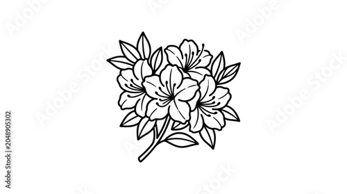 Detailed black line art rhododendron flower cluster illustration.