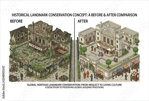Obraz na płótnie Detailed Architectural Illustration Of Landmark Buildings Before And After Resto