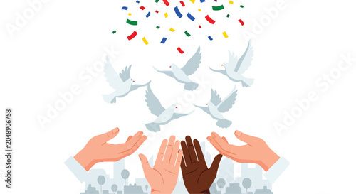 Bild auf Leinwand A symbolic illustration of hands releasing doves and confetti
