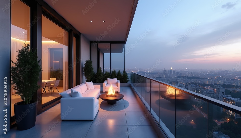 Fototapeta premium Modern apartment balcony at twilight offers city views. Comfortable seating surrounds a fire pit, perfect for relaxing evenings. Inside, a dining area is visible. This luxury outdoor space.