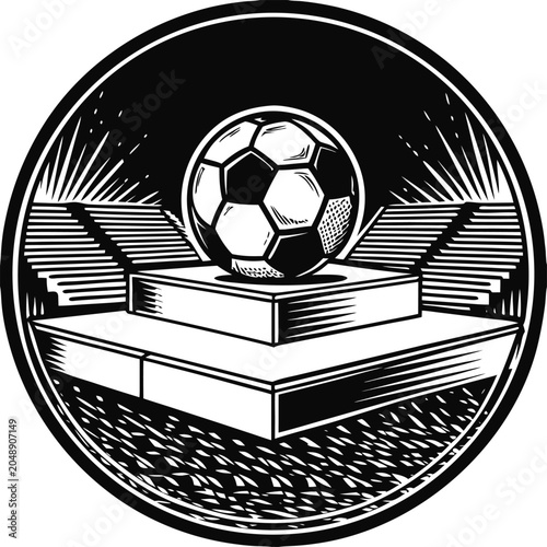 Soccer ball trophy, football award, sports emblem, black and white vector