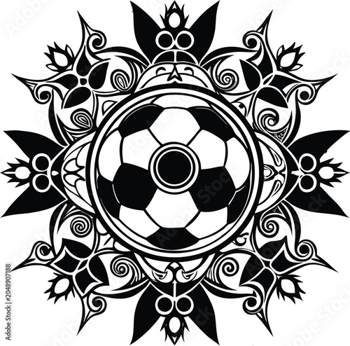 Black and white soccer ball, mandala design, vector illustration, sports art