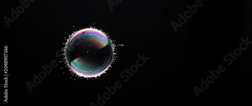 Luminous soap bubble bursting open with gap against a darkened backdrop