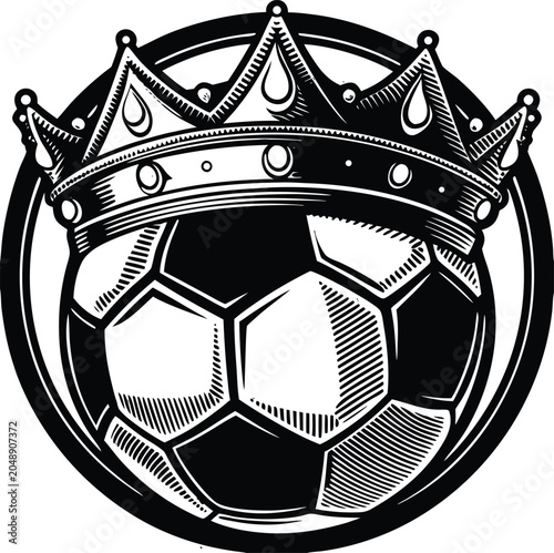 Black and white soccer ball with crown, royalty sports icon, football king vector, sports logo
