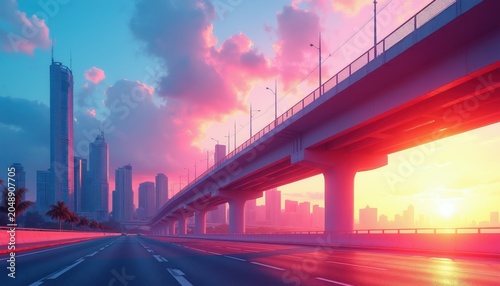 Modern overpass highway at sunset cityscape. Tall skyscrapers line horizon. Vibrant pink sky clouds glow bright. City infrastructure connects distant locations.