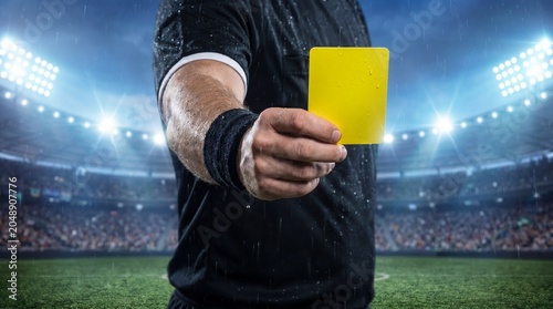 Referee Hand Holding Yellow Card at Stadium with Blurred Crowd Background and Flare Lights Suggesting Disciplinary Decision