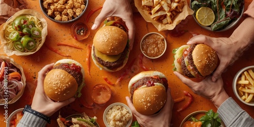Variety of flavorful burgers grasped by hands on an orange food themed copy space backdrop