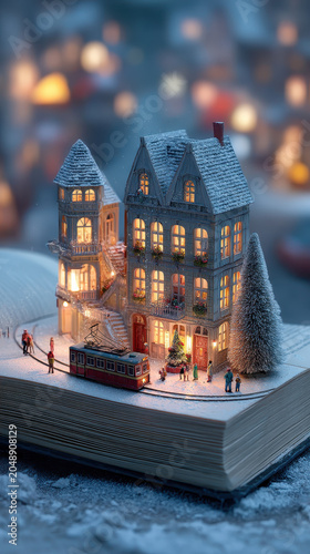 Miniature Christmas village with glowing lights on open book winter scene