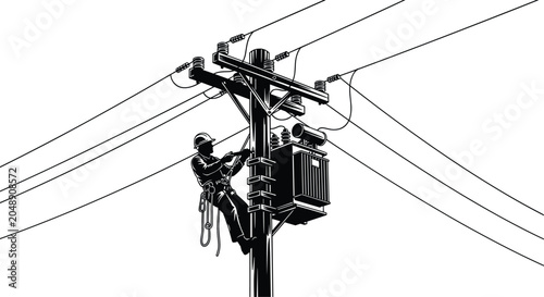 Silhouette of an electrician working on a utility pole with a transformer and wires Keywords: silhouette, electrician, utility, pole