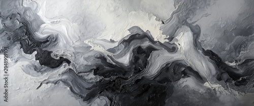Elegant grey and white oil painting with flowing abstract shapes and rich textured layers in contemporary style
