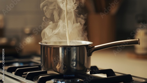 Saucepan with milk pouring ...