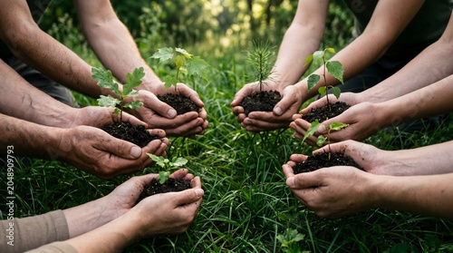 Diverse hands collectively nurture young plant seedlings, embodying a unified commitment to environmental stewardship, fostering growth, and building a sustainable future for the planet