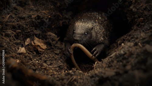 Sprightly mole burrowing underground holding a thick worm for midday nourishment