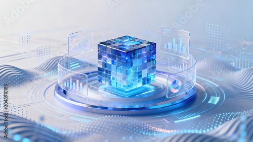 Futuristic digital cube with data displays