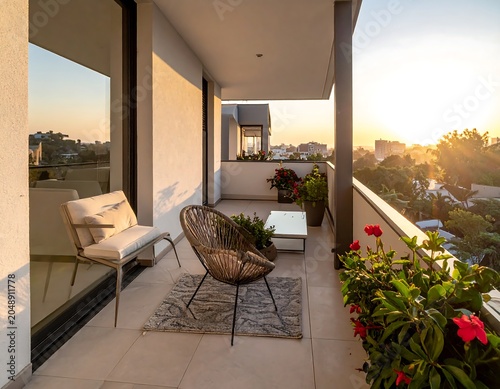 A serene outdoor balcony with modern furniture and plants overlooking a cityscape at sunset