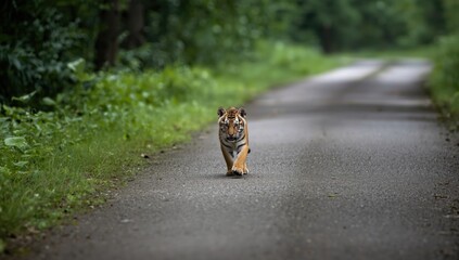 Juvenile tiger cub navigating a quiet forest road with greenery