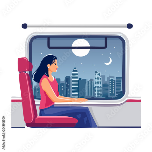 Woman looking out train window at city at night
