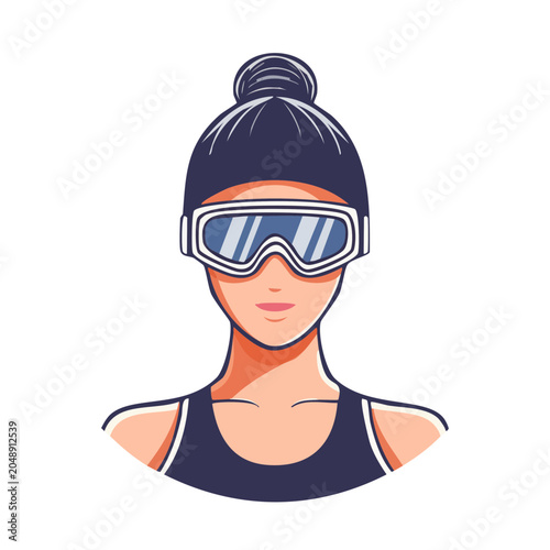 Woman wearing ski goggles and dark blue top