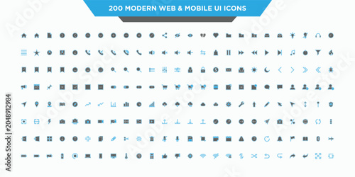 200 Modern Web & Mobile UI Icons Set – Editable Vector User Interface, Navigation, Media, Communication and Dashboard Symbols Collection