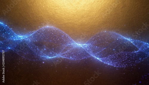 Radiant wave of luminous particles depicting complex data structures on gold textured backdrop