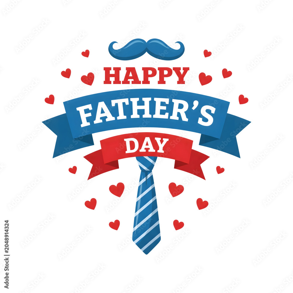 Obraz premium Happy fathers day greeting card with mustache and tie isolated on transparent background