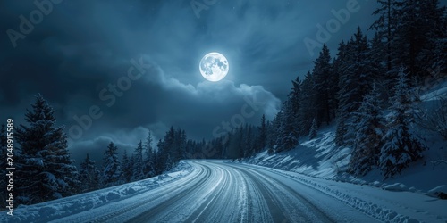 Snowy mountain road at nigh...