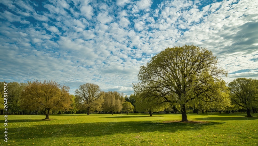 Obraz premium Nature springtime view with trimmed grassy area and full grown trees under textured blue sky