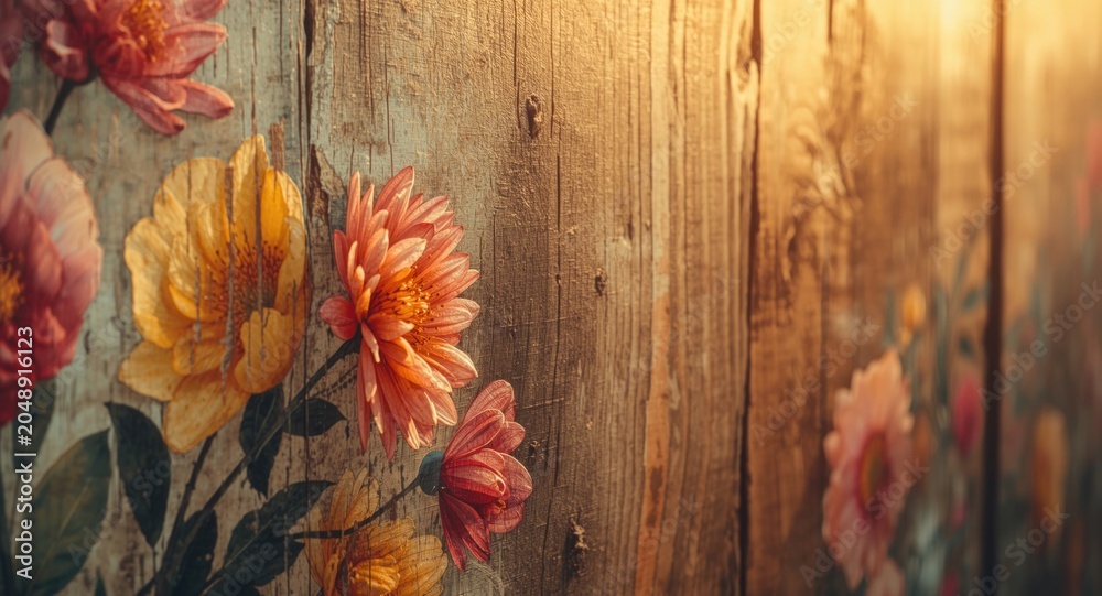 Obraz premium vibrant floral artwork on a weathered wooden panel with textured grain