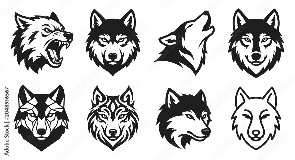 Fototapeta premium Wolf Head Illustrations Collection Black And White Vector Graphics