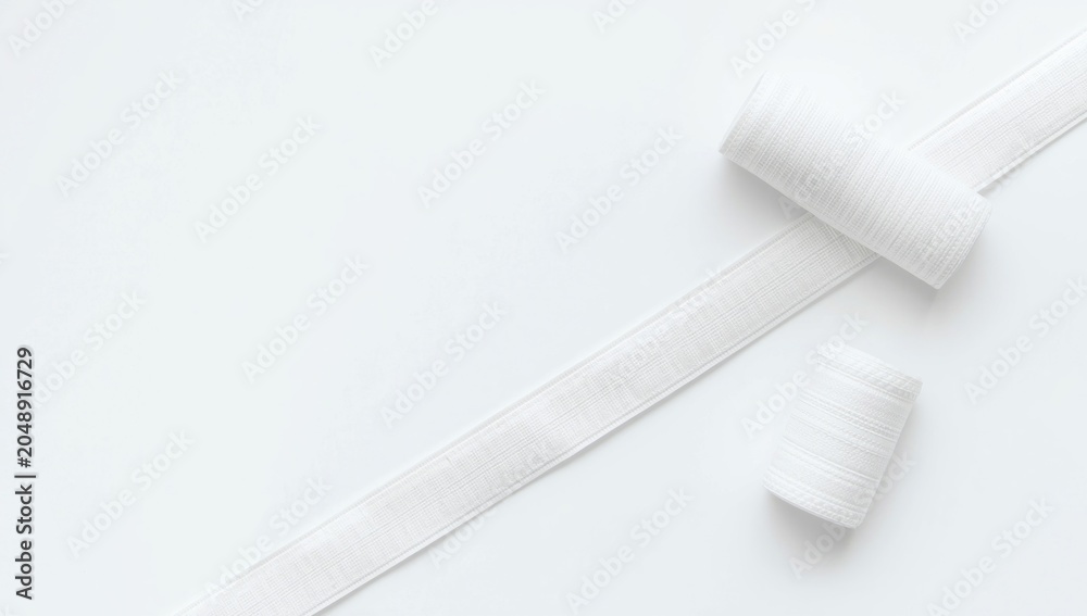 Obraz premium White medical bandages wound up and lying on white flat surface with copy space
