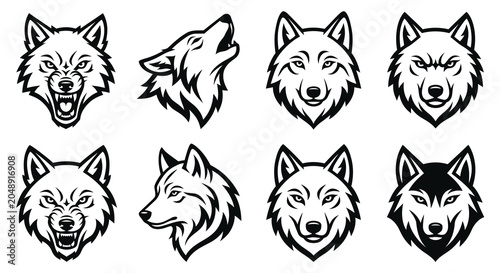 Konstfotografi Wolf Heads Collection Black And White Vector Illustration