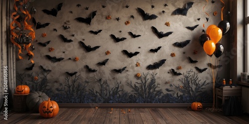 Wall decorated with Halloween bats and balloons in themed room featuring copy space for writing