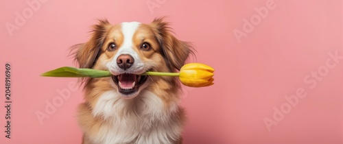 Joyful canine with tulip fl...