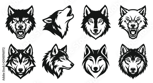Photos Wolf Heads Collection Black And White Vector Illustration
