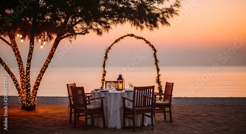 Romantic dinner table set on a sandy beach at sunset