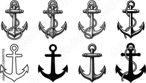Fotografi Nautical Anchor Silhouette Collection with Rope Details Maritime Symbols and Vin