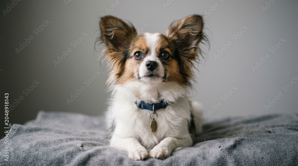 Naklejka premium Portrait of a Cute Papillon Dog Wearing a Collar and Lying on a Blanket